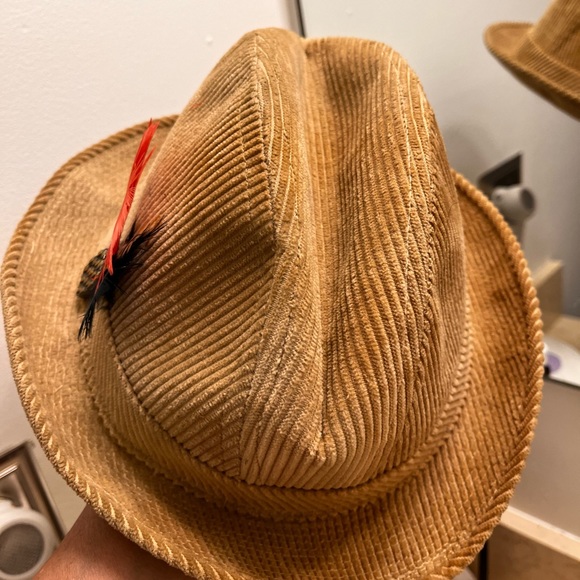 1960’s Golden Brown Corduroy Fedora with Feathers &. Embellished Glass Button - Picture 6 of 9